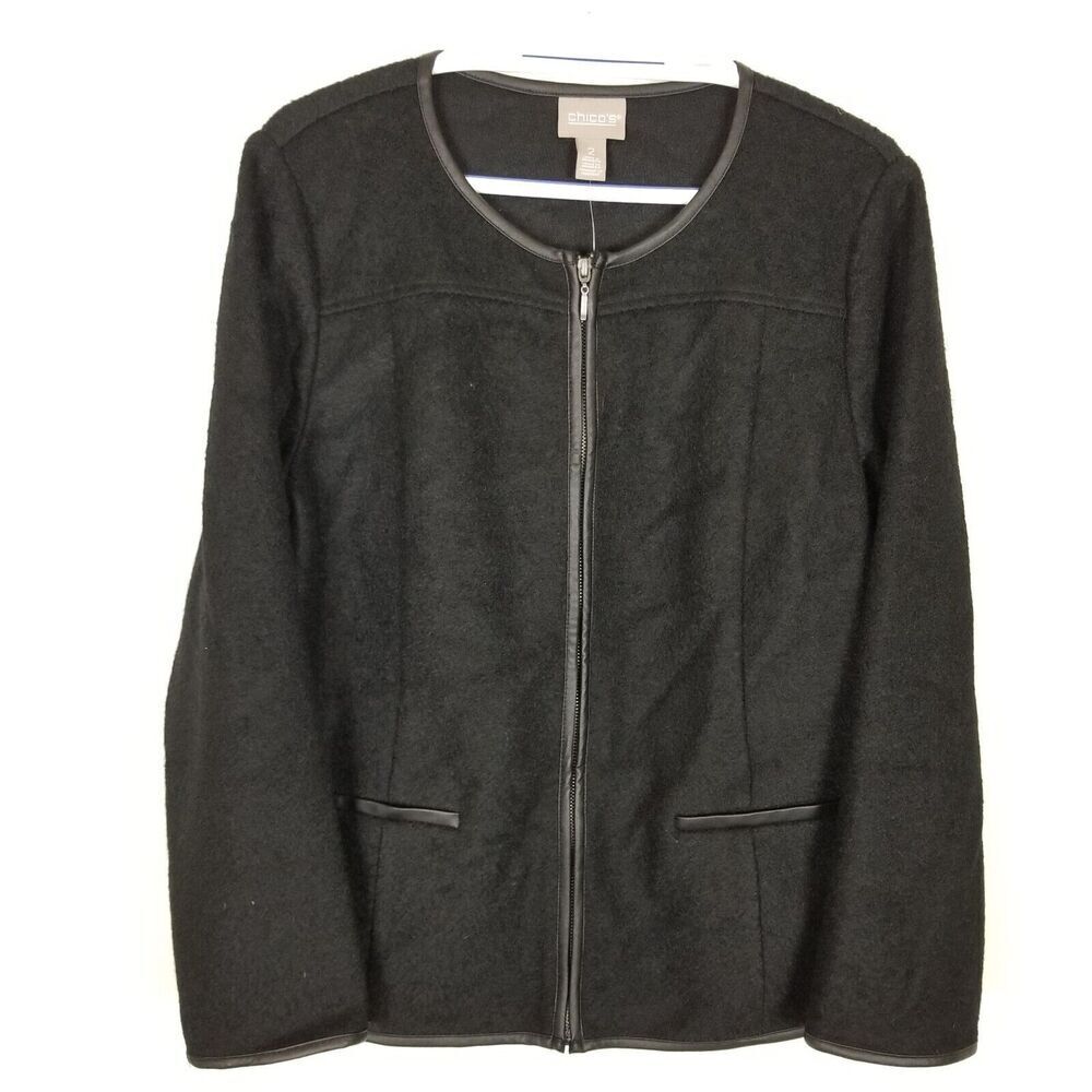 Chico's Women Bold Contrast Soft Textured Jacket Sz L‎ Black Wool Blend Zip Up